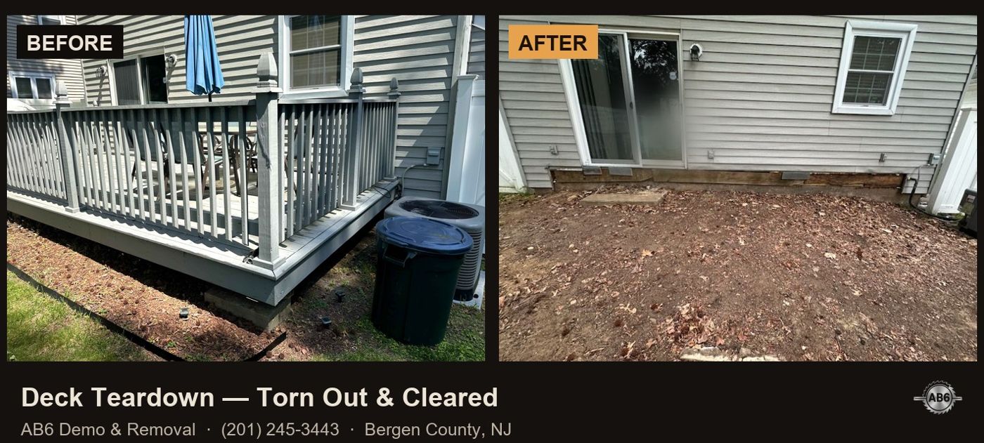 Before and after: old deck torn out and ground cleared by AB6 Demo and Removal in Bergen County NJ